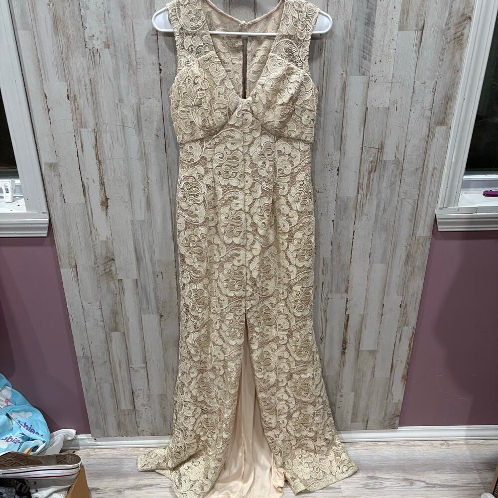Aidan Mattox Champagne V Neck Lace Mid Slit Dress Maxi Formal Wedding Guest 4 - Picture 2 of 9
